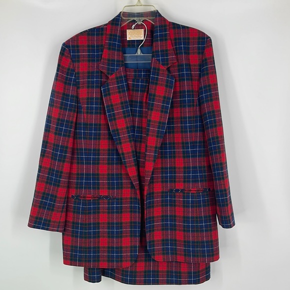 Pendleton red and blue squared pattern 100% virgin wool jacket and skirt - Picture 2 of 15